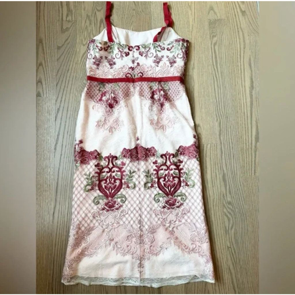 Marchesa Notte Red Pink Lace Embroidered Floral Paneled Sheath Midi Dress - Picture 8 of 9